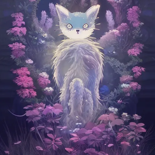 Image similar to detailed spirit creature with eyes in the flowers at night made by studio ghibli, beautiful scene, detailed, high quality, high details, smooth, ghibli artstyle, 8 k, detailed creature