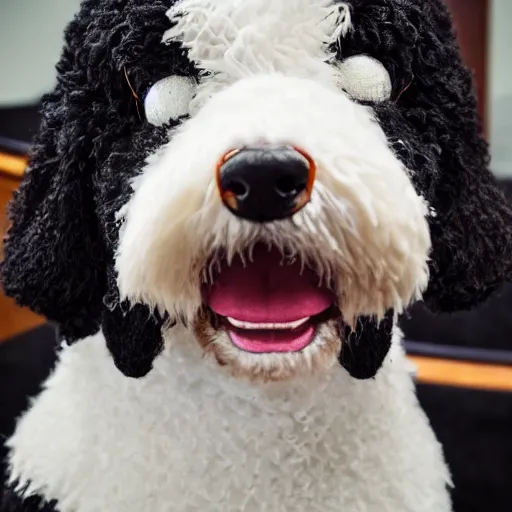 Image similar to a closeup photorealistic photograph of a cute smiling knitted bernedoodle judge dog dressed in a black gown, presiding over the courthouse. indoors, professional capture, well lit shot. this 4 k hd image is trending on artstation, featured on behance, well - rendered, extra crisp, features intricate detail, epic composition and the style of unreal engine.