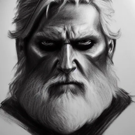 Image similar to Odin with eye-patch, charcoal portrait, artstation, fine-detailed