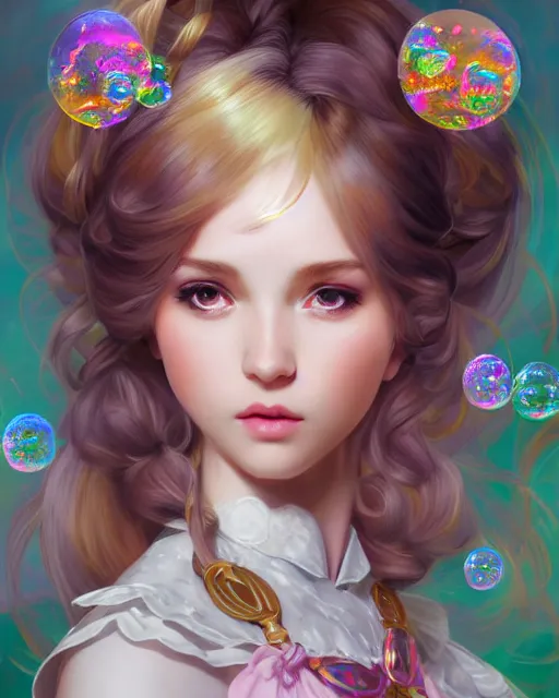 Image similar to portrait of magical lolita girl, dreamy and ethereal, expressive pose, big gold eyes, exciting expression, fantasy, intricate, elegant, many rainbow bubbles, rose tones, highly detailed, digital painting, artstation, concept art, cyberpunk wearing, smooth, sharp focus, illustration, art by artgerm and greg rutkowskiand alphonse mucha