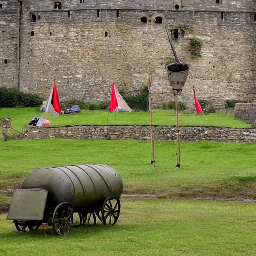 Image similar to an army camped around a medieval castle, trebuchet and other artillery at the ready, 1200s, English country side, cloudy and rainy,