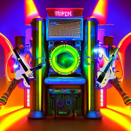 Prompt: cover art, album is called tripmachine, tripmachine, photo of a huge futuristic steampunk machinery with guitars and drums and loudspeakers, connected with glowing tubes 8 k, fluorescent colors, halluzinogenic, multicolored, exaggerated detailed, front shot, 3 d render, octane