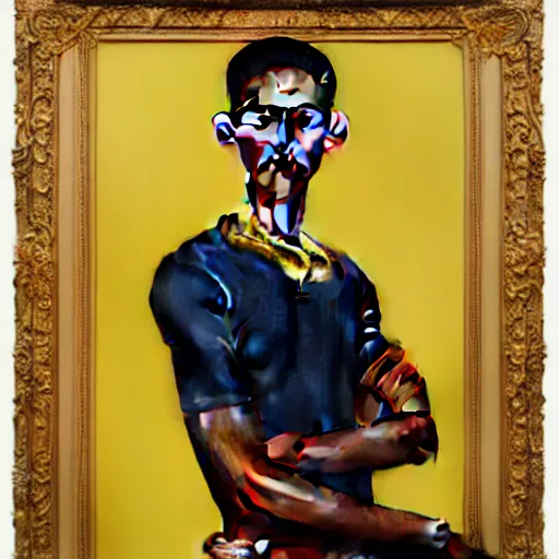 Prompt: A portrait of a skinny modern and stunning non-binary person, medium skin tone, Mexican, oil painting by Kehinde Wiley, majestic, detailed, high resolution