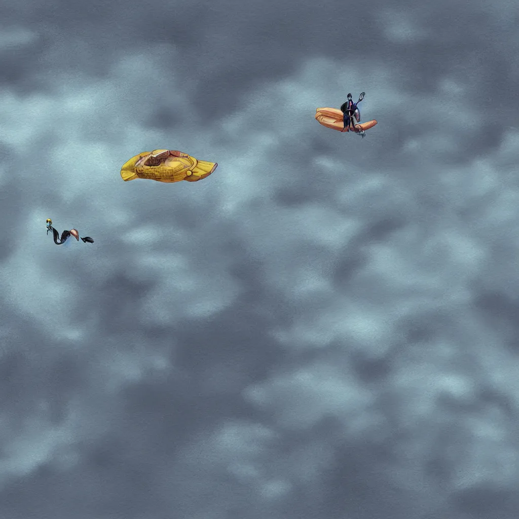 Image similar to a single scubadiver floating above the clouds, closeup, digital drawing