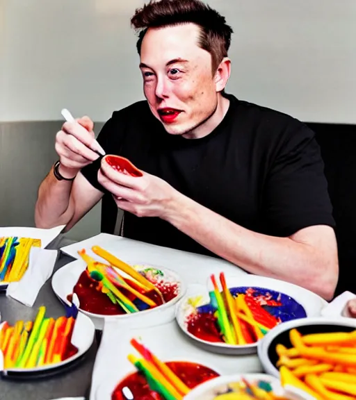 Prompt: an award winning photo of elon musk eating!! crayons!, crayons as french fries, gourmet restaurant, 4 k, high quality