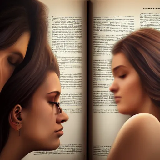 Image similar to hyperrealistic painting of a beautiful young woman holding a book while a woman and three men peep into the book from behind, detailed digital art, trending on artstation