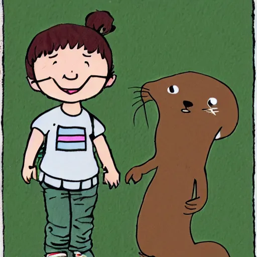 Image similar to a small girl and her otter friend in the style of Bill Watterson