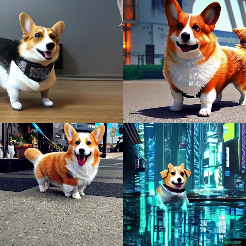 Prompt: a corgi in a cyberpunk world, hyperrealistic