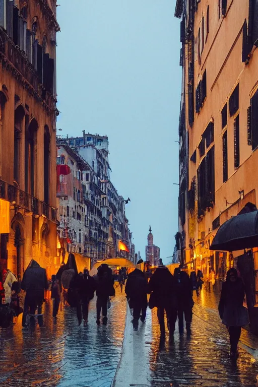 Image similar to crowd of people walking on rainy street at dusk golden hour , hyper-realistic environment, new york , venice