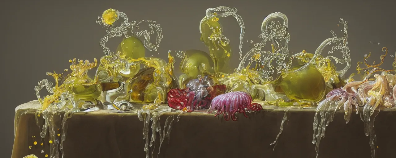 Image similar to ultradetailed photorealistic still life with jelly flowers by ernst haeckel, caravaggio, roger dean and andrei tarkovsky, slime and tentacles, wide angle, minimalistic cinematic composition, octane render, bokeh, unreal engine, 4k, 3d render