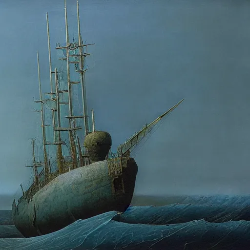 Prompt: an ice gunboat by Zdzisław Beksiński, oil on canvas