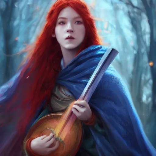 Image similar to red haired teen with a lute and cloak with many pockets with blue flames in background, dramatic, intricate, elegant, highly detailed, digital painting, artstation, concept art, smooth, sharp focus, illustration, octane render, art by Leesha Hannigan, Ross Tran, Thierry Doizon, Kai Carpenter, Ignacio Fernández Ríos