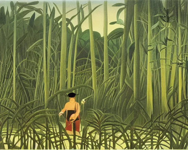 Image similar to snake oil researcher digging through the swamps of Formosa, painting by Henri Rousseau