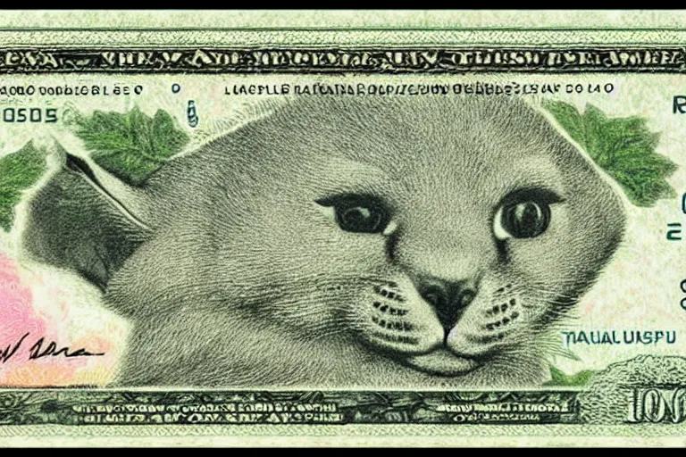 Prompt: cute caracal face at $100 bill, banknote, intaglio style, macro, realistic