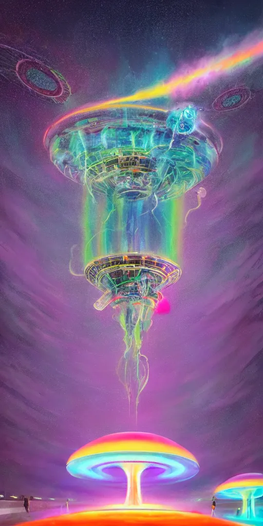 Image similar to impossibly beautiful ufo opening a wormhole over the state fair, bad trip, intricate complexity, surreal horror, inverted neon rainbow drip paint, trending on art station, photoreal, 8 k, octane render by greg rutkowski, rafał olbinsk and salvador dali