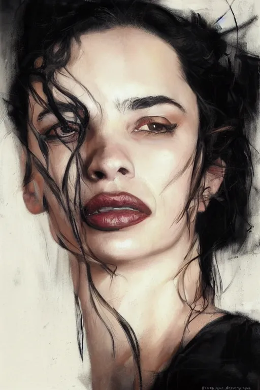 Prompt: Beautiful detailed portrait of Beatrice Dalle by Jeremy Phil Hale and Casey Baugh, trending on pinterest