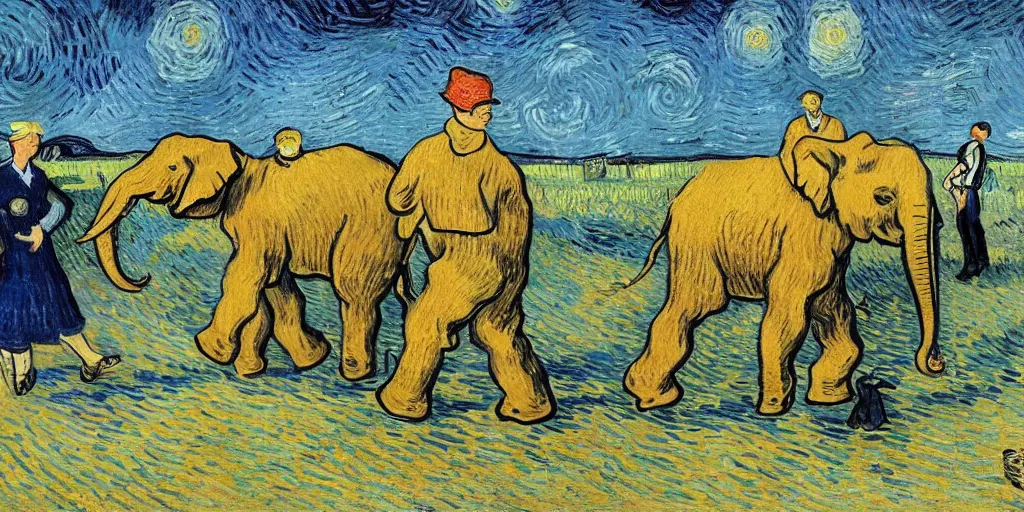 Image similar to in the afternoon at school, an ant kills an elephant as a group of students in sailor uniforms watch by van gogh