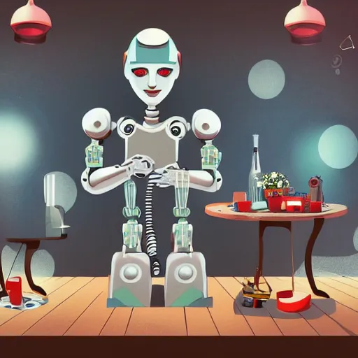 Image similar to robots sitting on a table and dining, flowers as deco on the tables, digital art