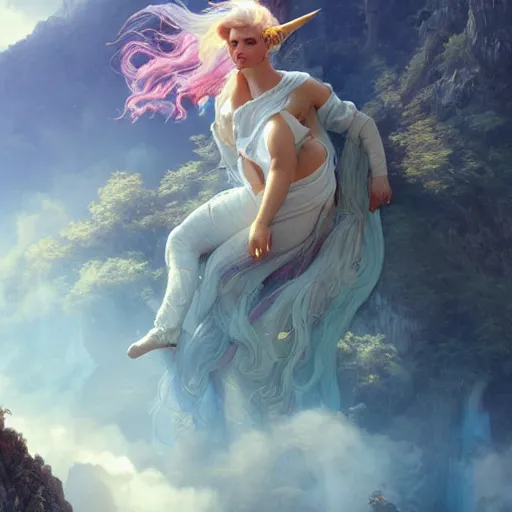 Image similar to a iridescent unicorn looking off a cliff that shows a covered in toxic smog, ultra realistic, concept art, intricate details, highly detailed, photorealistic, octane render, 8 k, art by artgerm and greg rutkowski and alphonse mucha