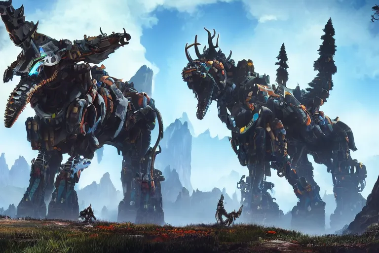 Image similar to grimhorn fanghorn machine mecha animal beast robot of horizon forbidden west horizon zero dawn bioluminiscence global illumination ray tracing hdr fanart arstation by sung choi and eric pfeiffer and gabriel garza and casper konefal