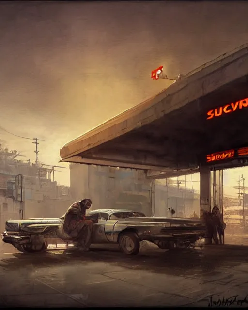 Image similar to a highly detailed epic cinematic concept art CG render digital painting artwork: Soviet diesel punk at a gas station. By Greg Rutkowski, in the style of Francis Bacon and Syd Mead and Norman Rockwell and Beksinski, open ceiling, highly detailed, painted by Francis Bacon and Edward Hopper, painted by James Gilleard, surrealism, airbrush, Ilya Kuvshinov, WLOP, Stanley Artgerm, very coherent, triadic color scheme, art by Takato Yamamoto and James Jean