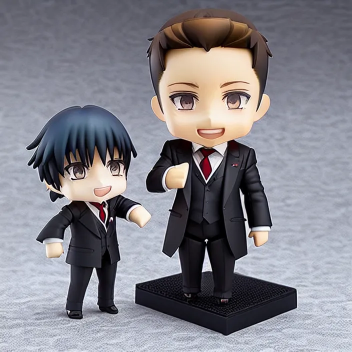 Image similar to a anime nendoroid of elon musk wear giorgio armani suits and black shoe, car tesla 3, figurine, smile, product photo, detailed