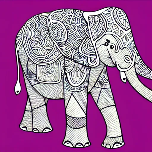 Image similar to an elephant with its two ears and its trunk in a meadow, colouring - in sheet, character art, sharp focus, highly detailed, artstation