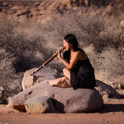 Image similar to a female playing flute whilst sitting on a rock in the desert. cinematic 8 k, depth of field, bokeh.