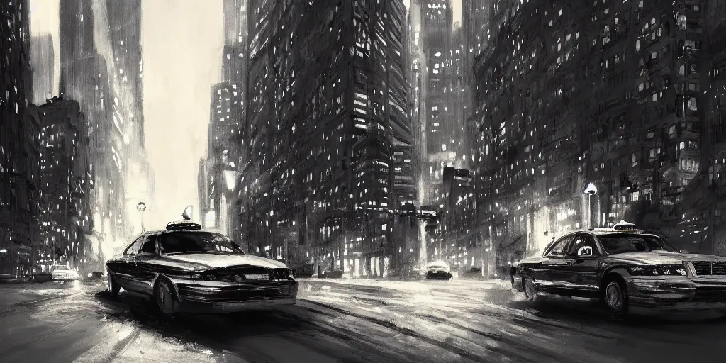 Image similar to taxi through the streets of chicago, night time, dramatic lighting, german expresionism, noir film, character sheet, fine details, concept design, high contrast, anthrophomorfic animals, kim jung gi, greg rutkowski, trending on artstation, 8 k, full body, turnaround, front view, back view, ultra wide angle