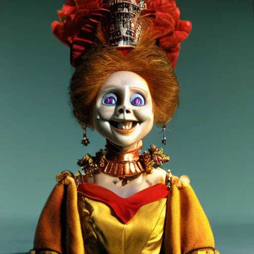 Image similar to princess mombi from return to oz with her head held up high in her hands with a wicked grin on her decapitated face 4 k photorealism