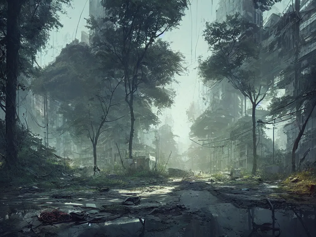 Prompt: concept art of an abandoned ruined big city street overgrown with nature by filip hodas and ismail inceoglu, hyper realistic, unreal engine, atmospheric, detailed, matte, godrays