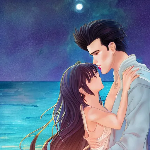 Image similar to seifer almasy kissing rinoa heartilly under the moonlight, with the night sea in the background.