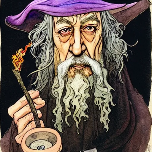 Prompt: a realistic and atmospheric watercolour fantasy character concept art portrait of gandalf with bloodshot eyes looking confused and smoking weed out of his pipe with a pot leaf nearby, by rebecca guay, michael kaluta, charles vess and jean moebius giraud