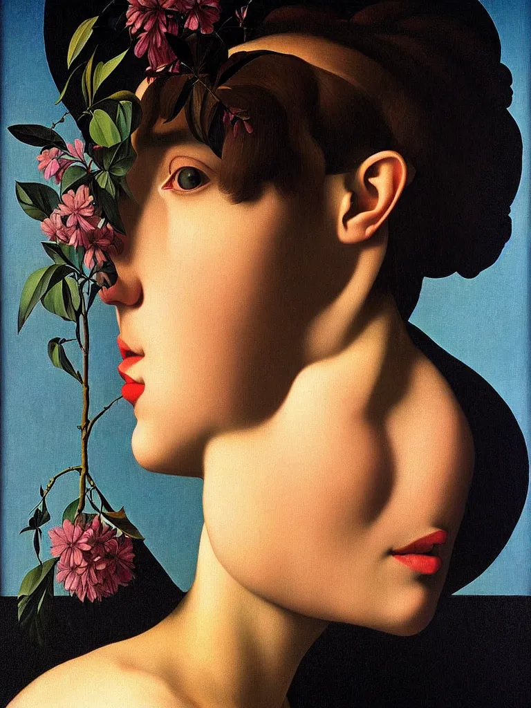 Image similar to hyperrealistic still life portrait woman's face in profile, beautiful plants, jungian archetypes, light refracting through prisms in a tesseract, by caravaggio, botanical print, surrealism, vivid colors, serene, by rene magritte