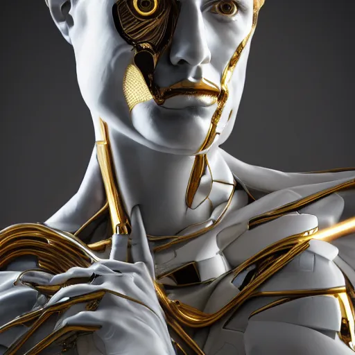 Image similar to statue of white marble with gold veins of strong attractive futuristic cybernetic man adonis posing, hyper realistic, transhumanism, perfect symmetrical body, perfect symmetrical face, hyper detailed, full body shot, by johannen voss, by peter kemp, by monia merlo, by michelangelo octane render blender, 8 k