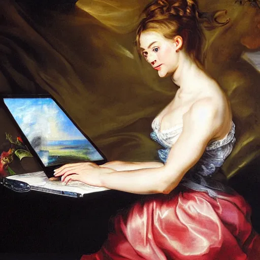 Image similar to heavenly summer sharp land sphere scallop well dressed lady working on her laptop auslese, by peter paul rubens and eugene delacroix and karol bak, hyperrealism, digital illustration, fauvist, looking at her imac laptop