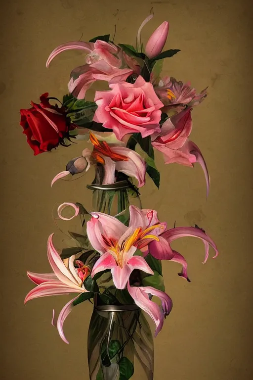 Prompt: beautiful digital matter cinematic painting of whimsical botanical illustration of roses and lilies vase, whimsical scene bygreg rutkowki artstation