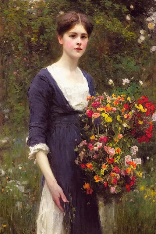 Image similar to Richard Schmid and Jeremy Lipking full length portrait painting of a young beautiful edwardian girl hold a large bouquet of flowers standing in a cottage garden