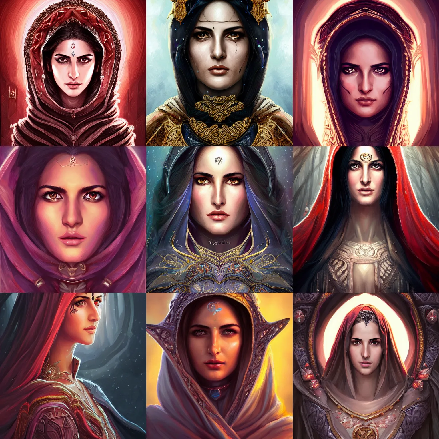 Prompt: head-on centered symmetrical painted portrait, Katrina Kaif as a D&D Mage, hood, intricate fantasy robes, fantasy, intricate, elegant, highly detailed, digital painting, smooth, sharp focus, illustration, dramatic lighting, artstation, in the style of Artgerm and Anna Podedworna