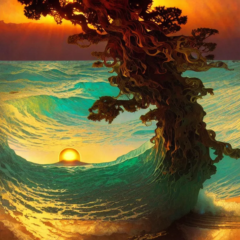 Prompt: ocean wave around ancient sequoia tree, lsd water, dmt ripples, backlit, sunset, refracted lighting, art by collier, albert aublet, krenz cushart, artem demura, alphonse mucha