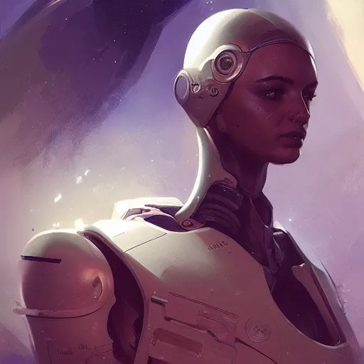 Image similar to a middle eastern starship medical officer with cybernetic enhancements, female, sci fi character portrait by greg rutkowski, craig mullins