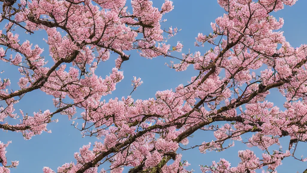 Prompt: Peach blossoms bloom along the Shanghai skyline, The soft pinks and greens of the flowers are offset by the blue of the sky and the gray of the cityscape. HD, Octane render 8K, 200mm, f1.8, wide angle,