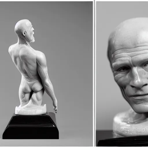 Prompt: a highly polished carved resin figurine of Ed Harris, studio lighting, F 1.4 Kodak Portra