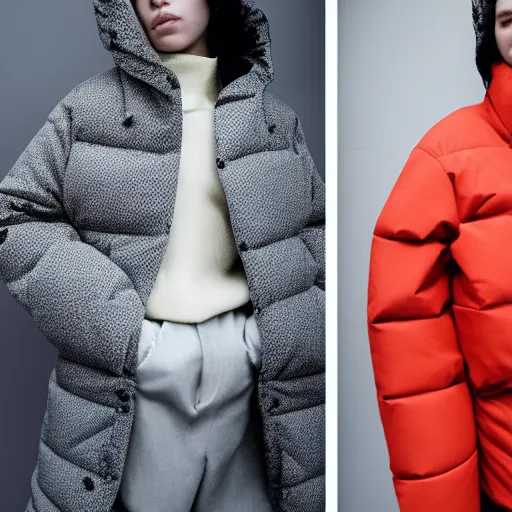 Image similar to realistic photoshooting for a new acne studio lookbook, color film photography, close up, model is wearing a puffer jacket, photo of a woman, photo in style of tyler mitchell, 3 5 mm, vetements, balenciaga, commes des garcon