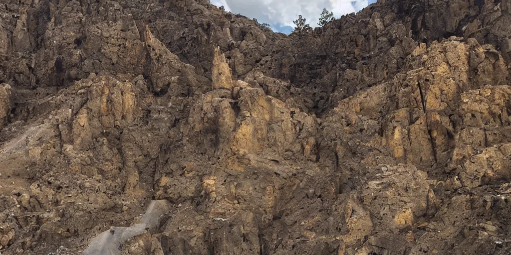 Prompt: a rocky face and dark entrance to an underground gold mine, tunnel, rock cliffs, mine carts, miners, cloudy sky, sparse trees, by John Chamberlain and Alex Gray