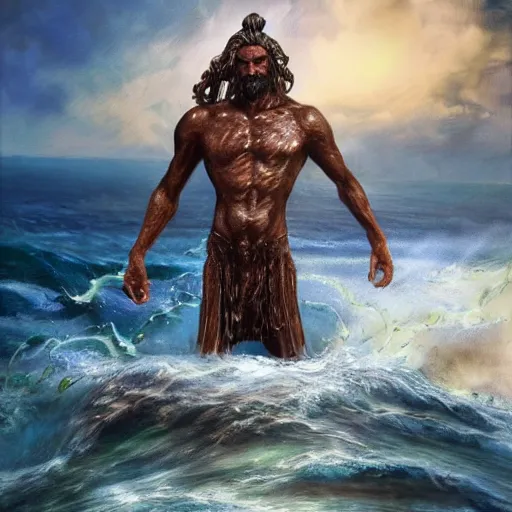 Image similar to Proud and screaming Poseidon rising from the ocean, ready to fight, fantasy art, photorealistic