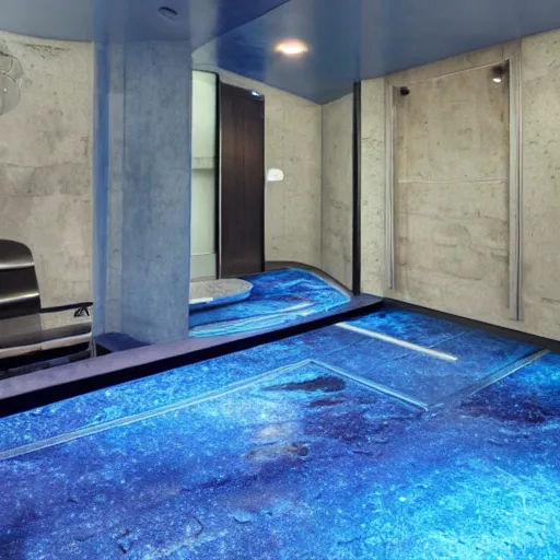 Image similar to a startrek futuristic with walls and floor made of blue granite. There is a small swimming pool on the floor