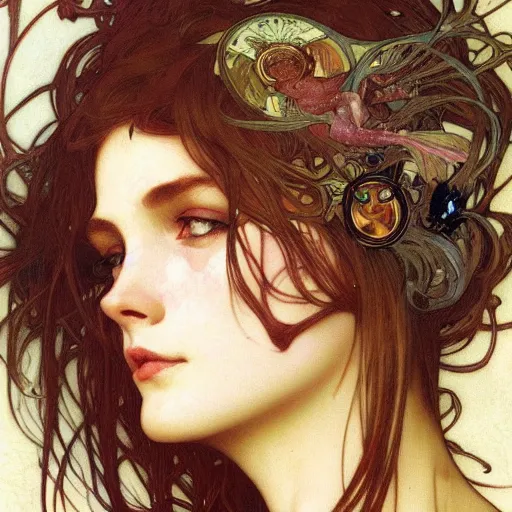 Prompt: realistic detailed face portrait of 90s model Rachel Williams by Alphonse Mucha, Ayami Kojima, Amano, Charlie Bowater, Karol Bak, Greg Hildebrandt, Jean Delville, and Mark Brooks, Art Nouveau, Neo-Gothic, gothic, rich deep moody colors