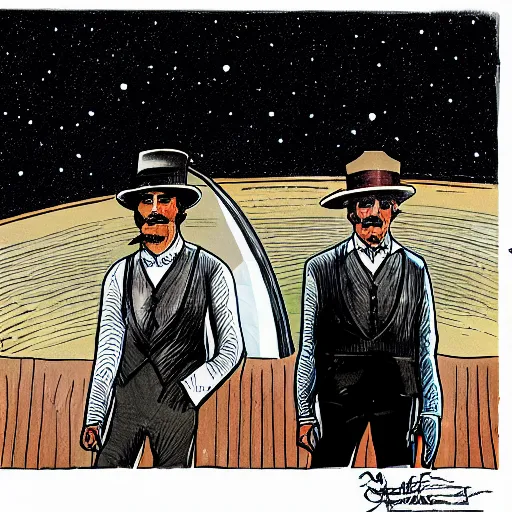 Prompt: hand drawn image of wyatt earp and doc holliday standing on the deck of a spacecraft, inspired by the movie interstellar, high detail