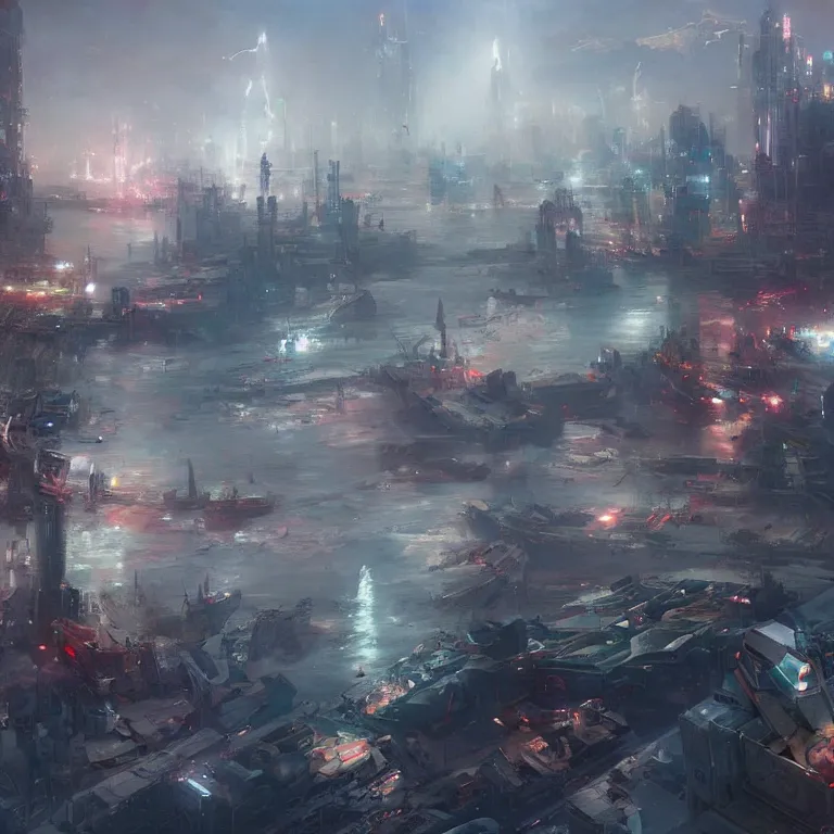 Prompt: a sprawling science fiction city harbour, painted by ruan jia and mandy jurgens and artgerm and william - adolphe bouguerea